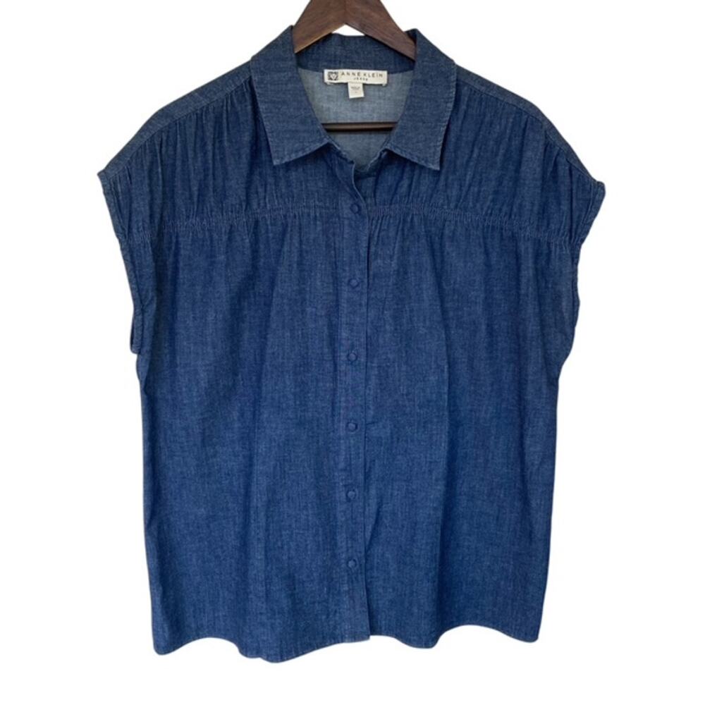 Anne Klein Navy Lightweight Denim Cap Sleeve Button Up Top - Large